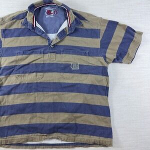 Vintage Deal Est 1987 Mens Large Striped Short Sleeve Polo Shirt Blue Tan AS 116